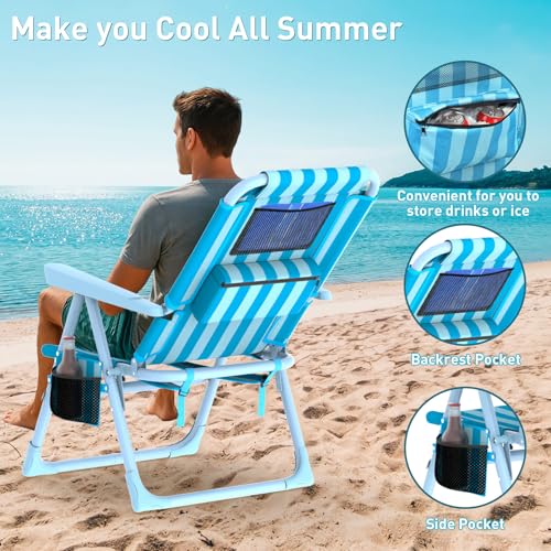 Suteck Backpack Beach Chair, 6-Positions Beach Chairs for Adults with Cooler Bag, Reclining Beach Chair with Cup Holder Folding Camping Chair for Sand Outdoor - color: Light Sky