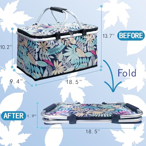 Insulated Picnic Basket for 2, Folding Grocery Basket Insulated Cooler Bag, Collapsible Shopping Baskets with 29L Large Market Basket with Handles for Picnic Travel Food Delivery Market Shopping Blue - color: Blue