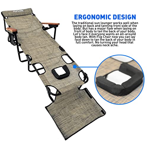 EASYGO PRODUCTS FLIP Face Down Tanning Chaise Lounge Chair with Face & Arm Holes - 4 Legs Support - Textilene Material - 6 Position - Arm Head Rest Pillow - Beach or Home Use - color: Flip Tan