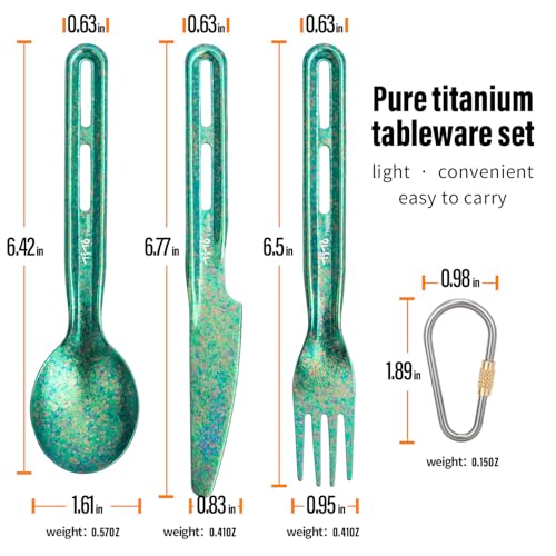TiTo Titanium 3 Piece Cutlery Set, Ultralight Portabale Titanium Fork Spoon & Knife Tableware for Outdoor Camping Hiking Backpacking Travel Picnic Flatware with Titanium Carabiner (Green) - color: Green