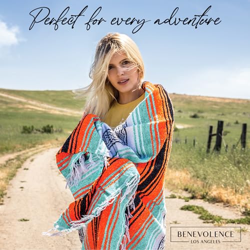 Benevolence LA Authentic Handwoven Mexican Blanket | Yoga Blankets, Outdoor, Picnic, Beach, Camping | Equestrian Saddle | Serape 50x70 inches - Bright Mandarin, Pack of 1 - color: Bright Mandarin
