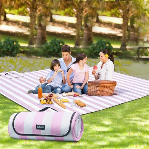 ZUBOND Picnic Blanket 80''x80'', Waterproof Sandproof Beach Outdoor Camping Mat Extra Large Foldable Gingham Big Travel Essential Accessories Gift Park Patio Lawn Garden Grass Ground Music Festival - color: Pink White, size: 80 x 80 Inch