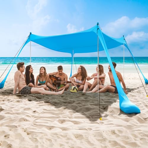 COMMOUDS Beach Tent Sun Shelter - UPF50+ Pop Up Beach Canopy with Sandbags & Sand Shovel & Windproof Poles, Portable Sun Shade for Beach, Camping, Picnics, Backyard - color: Sky Blue, size: 10 x 10 FT 4 Pole