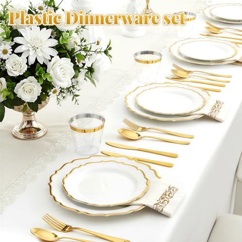 175 Plastic Dinnerware Set Gold Disposable Dinnerware Set for 25 Guests Include 50 Plastic Plates 25 Silverware Set 25 Cups and 25 Napkins for Mother's Day Party Wedding Birthday - color: Gold