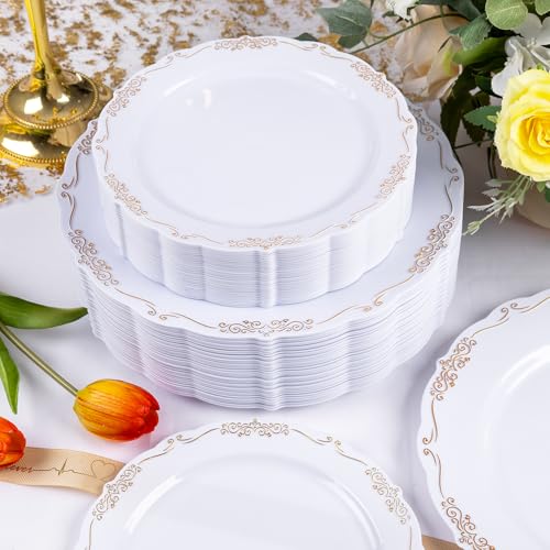 U-QE 100PCS Gold Plates Disposable - Heavy Duty White and Gold Plates Including 50PCS 10'' Dinner & 50PCS 7.5'' Dessert Plates Perfect for Upscale Party, Wedding - color: White Gold