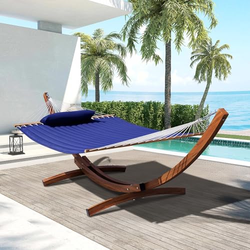 Lazy Daze Hammocks 12 FT 2 Person Double Quilted Hammock with Curved Steel Heavy Duty Stand and Pillow for Outside, Backyard, Patio, 450 Lbs Capacity, Blue - color: Blue