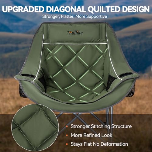 Oversized Camping Chairs for Adults Heavy Duty Folding Padded Portable Camp Chair with Cup Holder Storage Pocket XL Wide Seat for Outdoor Beach Lawn Picnic Fishing Sports Green Supports 400 lbs - color: Army Green