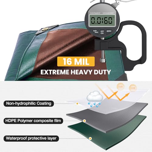Winpull Tarp 8x16FT Green, 16 Mil Heavy Duty Waterproof Tarp, Tarp Waterproof with Brass Grommets and Reinforced Edges, UV Resistant Thick Poly Tarps for Pool Car Tent - color: Green/Brown-16mil, size: 8' x 16'