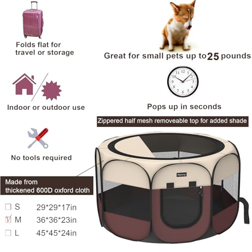 Portable Pet Puppy Dog Cat Playpen, 8-Panel Indoor/Outdoor Puppy Pen with Shade Cover & Travel Bag - Waterproof Dog Cat Tent - color: Brown, style: Medium(36"x36"x23" with free bonus)