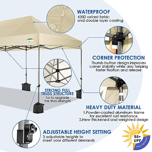 COBIZI 10x20 Heavy Duty Pop up Canopy Tent Easy Up Commercial Outdoor Canopy Wedding Party Tents for Parties All Season Wind & Waterproof Gazebo with Roller Bag,Khaki(Frame Thickened) - color: Khaki, size: 10x20 Without Sidewalls