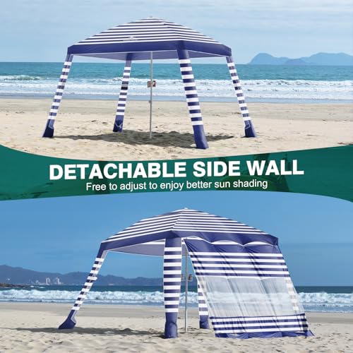 Rhino Valley Beach Cabana, 8 * 8FT Beach Tent UPF50+ Protection, Easy Setup Beach Canopy Wind Resistant with Cup Holder, Compact Beach Shade Foldable Beach Tent Sun Shelter, Blue Stripes - color: Blue Stripes