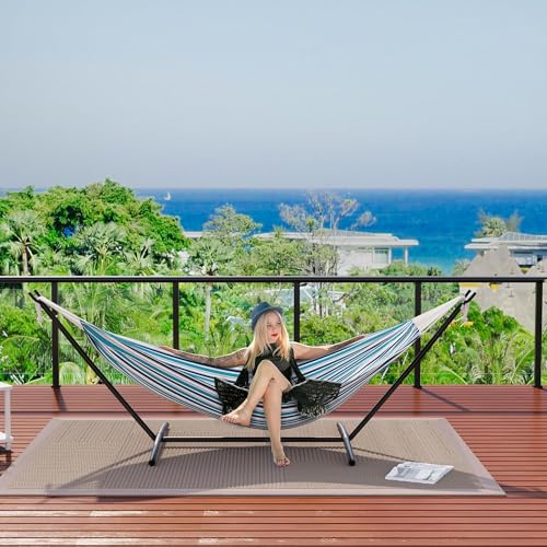Double Hammock with Steel Stand - 2 Person Hammock Bed Indoor Outdoor, Brazilian-Style, with Carry Bag, 450lb Capacity, Portable & Easy Assembly, Ocean - color: Ocean