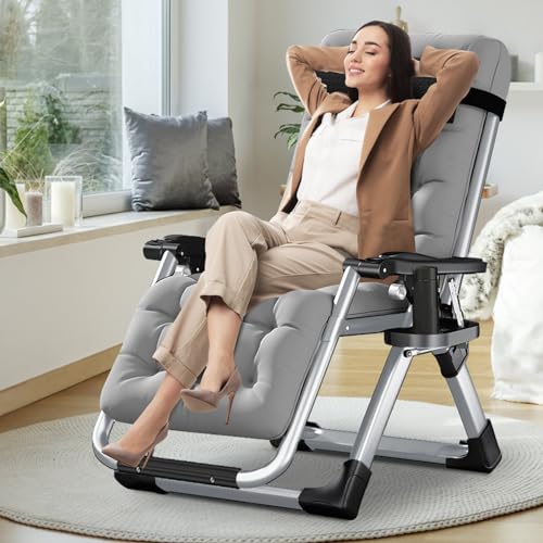 LILYPELLE Comfy Folding Chair, Folding Lounge Chair for Bedroom and Living Room, Folding Reclining Patio Chairs with Removable Cushion for Indoor Outdoor - color: Sand Gray