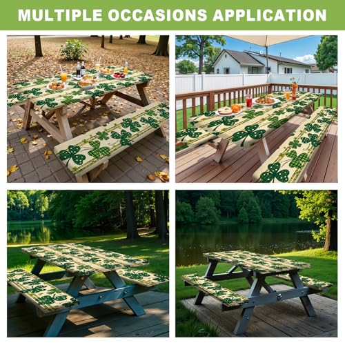ANNA QUEEN St. Patrick’s Day Clover 6FT Picnic Table Cover with Bench Covers Set of 3 with Drawstring Bag, Green Clover 72"x30" Waterproof Picnic Tablecloth & Bench Covers for Outdoor Dining - color: #53