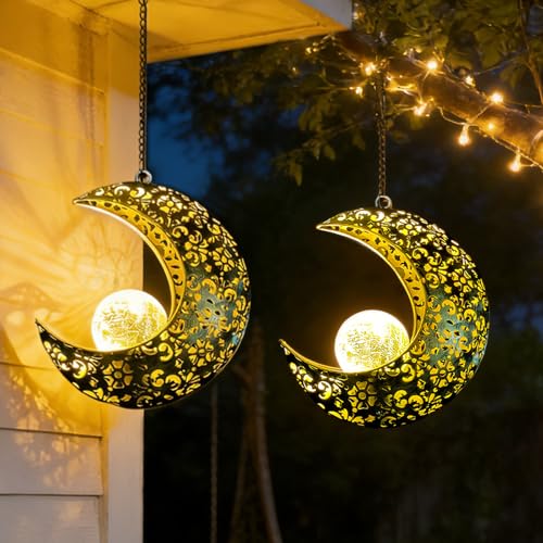 Solar Garden Hanging Moon Lights Outdoor Decor,2 Pack Metal Lanterns Art Decorations for Outside Yard Lawn Patio Wall Fences Driveway Trail,Unique Housewarming Gardening Gifts for Women Mom - size: 2 PACK Moon