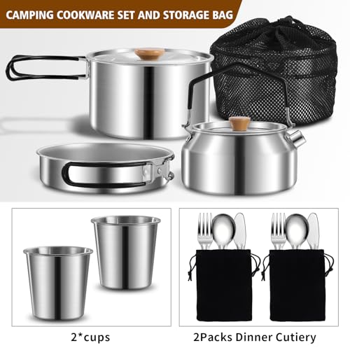12pcs Outdoor Camping Cookware Kit, Lightweight Stainless Steel Kettle, Non-Stick Pot and pan, with Fork Spoon Kits Suitable for picnics and Backpacking Trips
