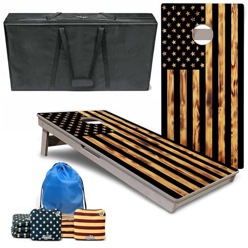Cornhole Solutions PRO Tournament Cornhole Bundle – Regulation 4 ft x 2 ft Professional Set – ¾″ Baltic Birch Plywood – Folding Legs – UV Printed & Clear Coated – Made in USA - color: Burnt Flag