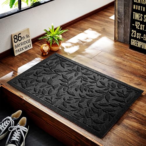 Black Leaves Outdoor Indoor Entrance Doormats, Absorbent Durable Heavy Duty Welcome Front Door Mat,Thick Natural Rubber Back,Easy Clean Entryway Mat 17x30 Inch, Low Profile - color: Leaves-black, size: 1'5" x 2'6" (Rectangular)