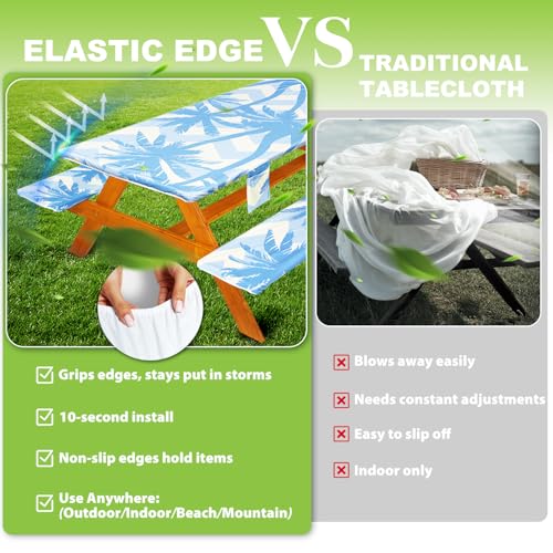 Fitted Picnic Table Cover with Bench Covers, Windproof Vinyl Table Cloths Outside Camping Cooking Backyard Furniture Seat Cushion Tablecloth Activities Party Decor Decorations Para Acampar Equipment - color: Blue Coconut Tree, size: 72in