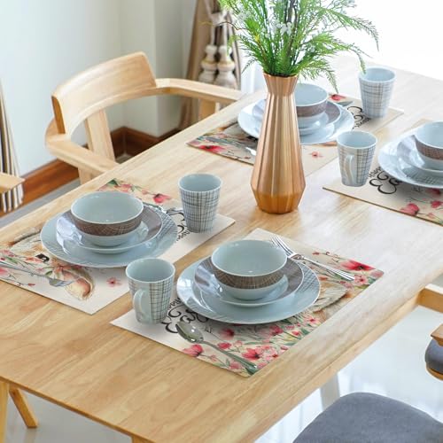 Happy Easter Placemats Set of 4, 12x18 Inch Spring Pink Flowers Bunny Place Mat Heat Resistant Washable Durable Rectangle Dining Table Mats Farmhouse Kitchen Holiday Party Decor - color: Easter Bunny