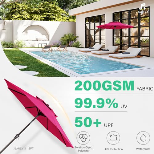 JEAREY 9' 2-Tiers Patio Umbrellas Outdoor Table Market Umbrella w/Push Button Tilt/Crank, 8 Sturdy Ribs, UV Protection Waterproof Sunproof(Rose Pink) - color: Rose Pink