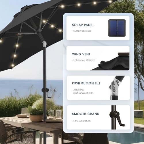 wikiwiki 9FT Solar Led Patio Umbrella with Base Included, 32 LED Lights, 8 Sturdy Ribs, Fade Resistant Waterproof POLYESTER DTY Canopy for Garden, Lawn, Deck, Backyard & Pool, Black - color: Black, size: 9FT