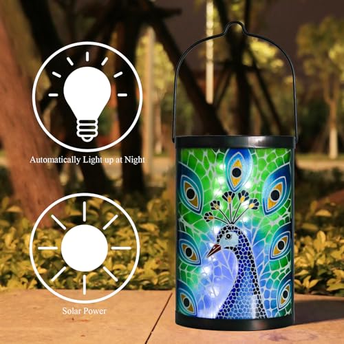 Hanging Solar Lantern Outdoor Waterproof Peacock Solar Lights Glass Tabletop Decorative Lamp for Outdoor Patio Garden Outside Yard Decor - style: New_Peacock