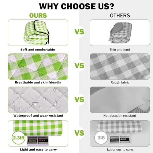 78.7''x78.7'' Extra Large Picnic Beach Blankets, 3 Layers Plaid Waterproof Thickened Foldable Camping Blanket, All-in-one Portable Mat, Suitable for Park, Camping, Outdoor Indoor, Green