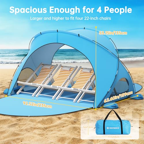 Raynesys Beach Tent Sun Shelter, Sun Shelter for 1-4 Person, Beach Shade Tent, Beaches Shade with 2 Zippered Doors, Portable Tents for Camping Fishing, Blue - color: Blue, size: For 4 Person