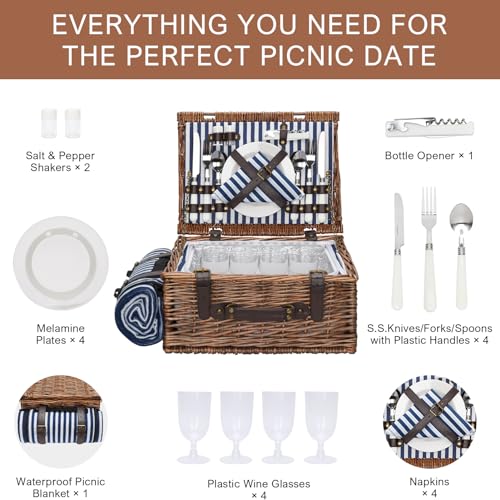 Picnic Basket for 4 Persons - Baskets with Cooler and Picnic Blanket, Classical Wicker Picnic Basket with Waterproof & Sand-Proof Beach Mat,Willow Hamper Service Gift Set - size: 15.53" for 4 Persons With Cooler
