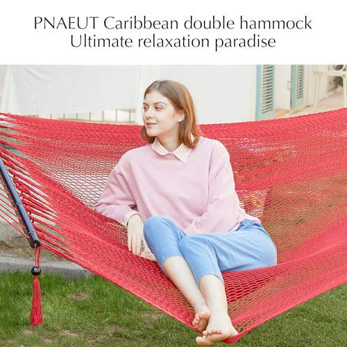 PNAEUT Double Rope Hammocks for Outside, Handwoven Double Caribbean Hammock with Spreader Bar for Outdoor Indoor, Max 600 lbs Capacity (Ruby) - color: Ruby