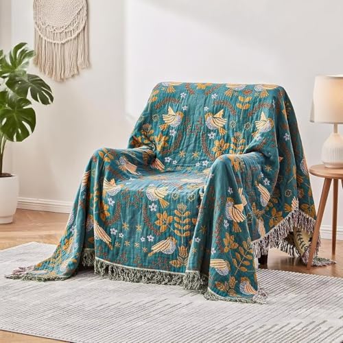 Boho Throw Blanket for Bed 100% Cotton Bohemian Blankets Ultra Soft Woven Muslin Decorative Blankets All Seasons Vintage Quilt Knitted Blanket for Sofa Chair(Blue, 60"x80") - color: A-blue, size: 60"x80"