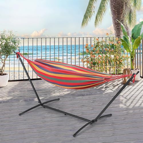 Athena Collection Double Hammock with Stand for Outside, Heavy-Duty Steel Stand 250 Lbs Weight Capacity, Portable Outdoor Hammock Swing with Carry Bag for Indoor, Outdoor, Backyard, Red Yellow - color: Red Yellow
