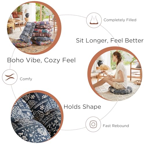 Codi Meditation Floor Pillow, Boho Pillows Seating for Adults and Kids, Large Cushion for Yoga Living Room Tatami Sitting, Memory Foam Added, 22x22 Inch Pack of 2, Round - Indigo Elephant - color: Round | Indigo Elephant, size: 2 Count (Pack of 1)