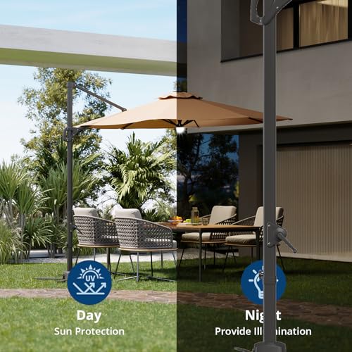 10ft Cantilever Patio Umbrella with Base - 360° Rotation & Adjustable Tilt - Heavy-Duty Waterproof Canopy - Rust-Resistant Aluminum Frame - Windproof Offset Sun Shade for Garden, Deck, Pool, or Backyard - Grey or Beige - color: Tan