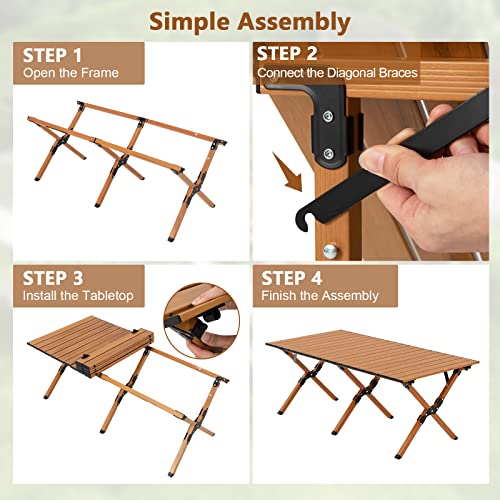 COSTWAY Folding Picnic Table, Roll-Up Aluminum Camping Table with Wood Grain, Portable Low Height Beach Table with Carry Bag for Camping, Picnic, BBQ & Hiking, Easy Assembly, Natural (47” x 23” x 18”)