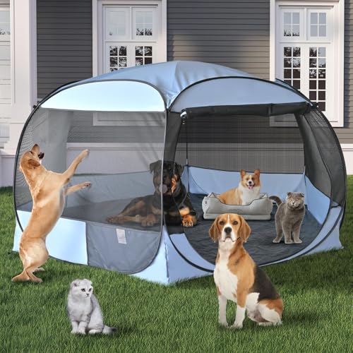 XXLarge Popup Portable Dog Houses, 10'x4.8'H Assembly-Free Gazebo-Style Kennel Dog Playpen Pet Screen Tent Sun Shade Shelter, Dog Crates Canopy for Travel Camping Anti-Bugs with Leakproof Bottom - color: Grey, size: XXLarge, 10' x 10' x 4.8'H