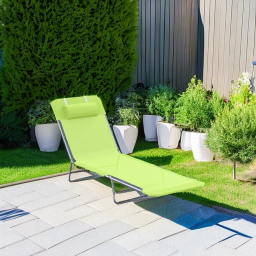 Outsunny Folding Chaise Lounge Pool Chairs, Outdoor Sun Tanning Chairs with Pillow, Reclining Back, Steel Frame & Breathable Mesh for Beach, Yard, Patio, Green - color: Green
