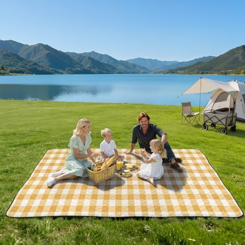 TigeJoy Extra Large Picnic Blanket Waterproof Foldable 60''x80'', Outdoor Picnic Mat Beach Blanket Sandproof for Park, Grass, Travel, Hiking, Camping Essentials, Gingham Picnic Blanket - color: Yellow, size: 6'8" x 5' (Rectangular)