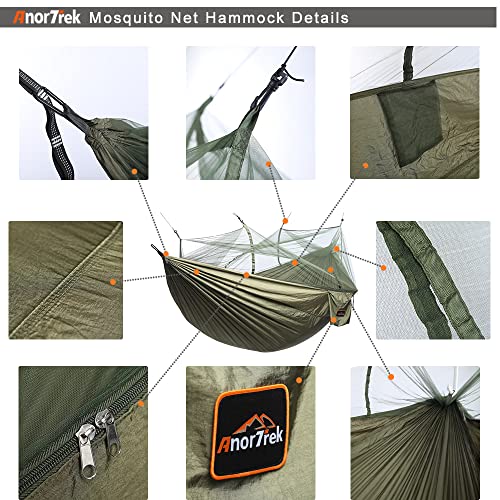 AnorTrek Camping Hammock with Mosquito Net, Double & Single Lightweight Portable Hammocks with Tree Straps, Parachute Hammock for Camping, Backpacking - color: Army Green, size: Single 102"L x 55"W