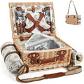 Picnic Basket with Blanket and Wine Pouch for 4, Wicker Picnic Set with Insulated Liner Cooler Bag Hamper for Camping,Wedding - Leaf - color: Leaf With Blanket for 4