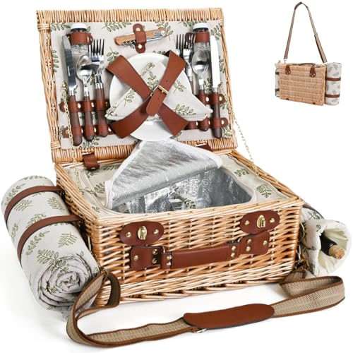Picnic Basket with Blanket and Wine Pouch for 4, Wicker Picnic Set with Insulated Liner Cooler Bag Hamper for Camping,Wedding - Leaf - color: Leaf With Blanket for 4