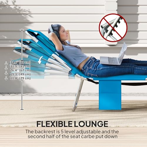 Outsunny Chaise Lounge Chair Outdoor with Face Arm Hole, 5-Position Reclining Face Down Tanning Chair with Carry Strap, Side Pocket, Portable Folding Bed Cot for Patio Beach Pool, Light Blue - color: Light Blue, size: 1 Piece