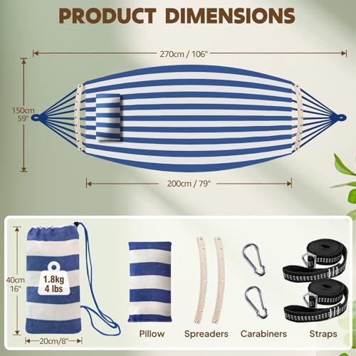 Chihee Cotton Hammock Holds Up to 660lbs Fabric Hammock 8.9x4.9ft Soft Portable Tree Hammocks Camping with Detachable Spreader Bar Pillow 2 Strong Webbings 2 Carabiners Indoor Outdoor Backyard Garden - color: Blue/White Stripes, size: 270x150cm