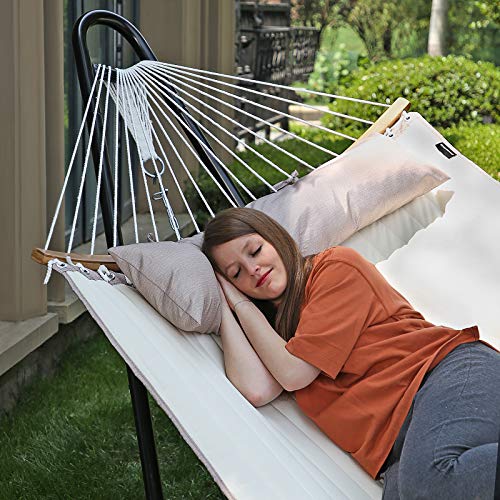 SONGMICS Hammock, Quilted Hammock with Curved Bamboo Spreaders, Pillow, 78.7 x 55.1 Inches, Portable Padded Hammock Holds up to 495 lb, Cream and Beige UGDC34BE - color: Cream + Beige