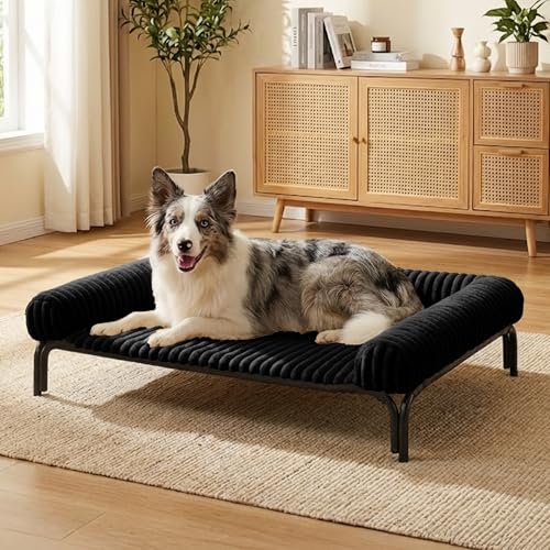 Elevated Dog Bed with Removable Fluffy Pillow Cushion, Raised Pet Cot Washable Bolster, Dog Couch Sofa, Anti Slip Feet, Breathable Mesh, Matte Black, 43"×32" - color: matte black, size: L(43"×32"×8")