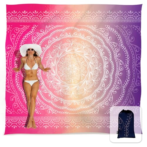Sunlit Silky Soft Sand Proof Beach Blanket 106"x81" / 85"x72" Sand Proof Mat with Corner Pockets and Mesh Bag for Beach Party, Travel, Camping and Outdoor Music Festival, Mandala - color: Purple Red, size: 120"x108"