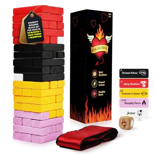 Risk or Drink - Naughty Wooden Block Tower Game for Couples, Freak or Drink 54 Challenges + Blindfold & Dice, Date Night Dares, Do or Drink, Valentine's Day