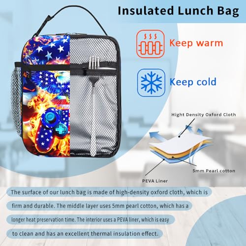 Insulated Lunch Bag for Boys Girls American Eagle Kids Boys Lunch Box for School Reusable LunchBag for School Work Office Travel Picnic Hiking Beach Portable Video Game Lunchbox with Adjustable Strap - color: Eagle game