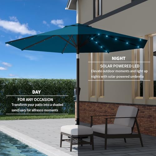 9FT Patio Umbrella with Solar Lights,Outdoor Market Umbrella with Tilt and Crank, LED Lighted Table Umbrella for Garden,Deck,Backyard,Pool,Beach - color: Lake Blue
